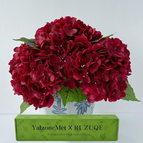 YalzoneMet Hortensias Artificiales de Color Burdeos, 3 Piezas de 21 Pulgadas, Realista, de látex, Color Rojo, para otoño, Halloween, hogar, Fiesta, Acción de Gracias, Navidad, decoración al Aire