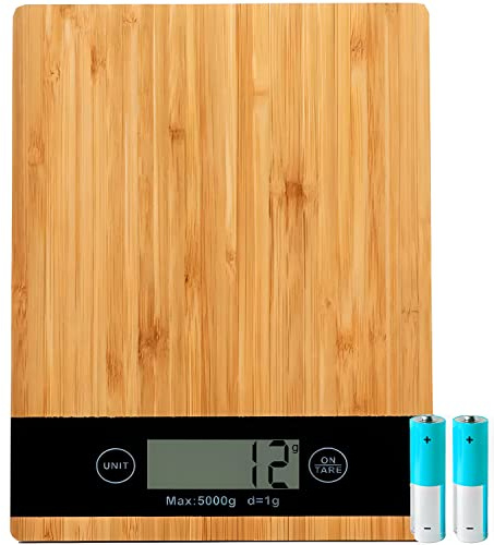 Retoo Báscula Digital de Bambú con Pantalla LCD - Capacidad 5 kg para Cocina y Hogar - Diseño Natural Tara