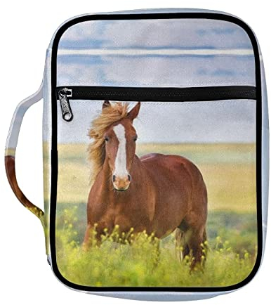 Poceacles Bibelhüllen mit Pferde-Druck, für Damen und Herren, große Bibeltasche, Schrift, Tragetasche mit Griff und Reißverschlusstasche, Bibelbuch-Tragetasche