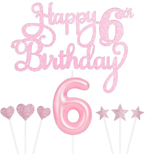 Personalised Birthday Cake Topper - 6th Pink Star Heart Cupcake & Candles Decorations Set (8)