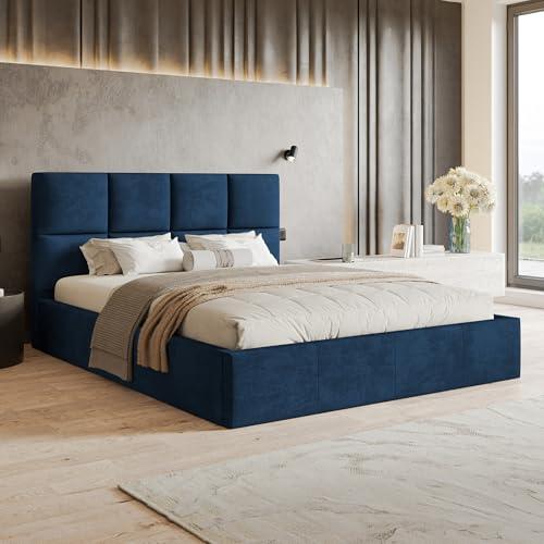 MOTIVENA Star Bett 180x200 Blau Samt, mit Stauraum, mit Kopfteil, mit Lattenrost, ohne Füße, ohne Matratze, Polsterbett 180x200 mit Bettkasten Blau (Dunkelblau)