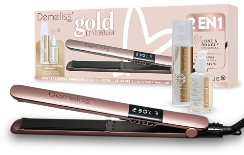Demeliss Gold Love Estuche Plancha 2 en 1 Saint Algue – Alisa, Riza – Cerámica con Turmalina – Temperatura Máxima 230 °C – Funda, 2 Tratamientos Incluidos – Accesorio de Peluquería, Alisado Versátil