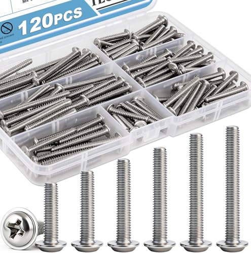TEOYNGU 120PCS Cabinet Pulls Knobs Screws,M4 Machine Screws Assortment, M4×25/30/35/40/45/50mm Pan Washer Head Metal Phillips Screws Kit for Kitchen,Bathroom,Furniture Handles Install