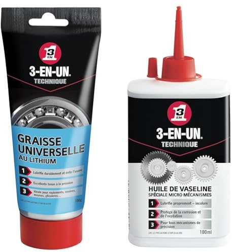 3-EN-UN Technique • Graisse Universelle au Lithium • Tube • Forte adhérence • Résiste à l'eau & 3-EN-UN Technique Huile de Vaseline Burette Extra fine Pénètre rapidement