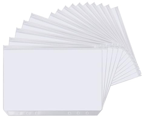 A5 Zipper Binder Punched Pockets,20 PCS PVC Plastic Budget Binder Pockets 6 Holes Ring Binders Document Organizer Bill Folder Money Cash Envelope Punch Wallet Organiser for Home Office Stationery