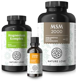 NATURE LOVE® Knochen & Beweglichkeit Set – Magnesium Komplex, Vitamin D3+K2 und MSM Tabletten mit Vitamin C – optimal für deine Knochen & Beweglichkeit – hochdosiert