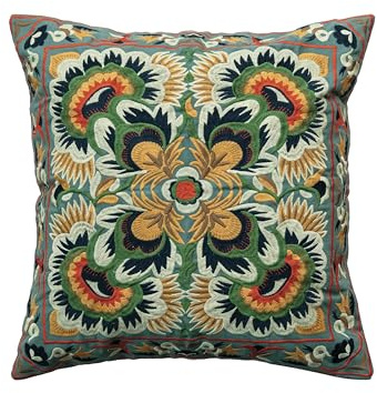 Creative Co-Op Square Cotton Embroidered Pillow with Design, Multi Color