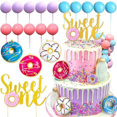 Two Sweet Cake Topper Two Sweet Birthday Party Supplies Donut Grow Up Baby Sprinkle Decorations Macaron Balls Mini Donut Cupcake Topper for Birthday Party Supplies