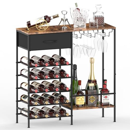 YBING Estantería de vino de 5 pisos – Estantería de vino independiente con mesa y soporte para copas de vino – Estantería industrial con cajón de tela – Almacenamiento para cocina, bar, marrón y
