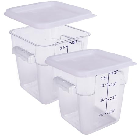 WELKOR 2 Pack RED Square Food Storage Container With Lid,Commercial Storage Box With Scale & Handle,Cake Making,Dough Marinating Meat,Kitchen Supplies (4 Quart)