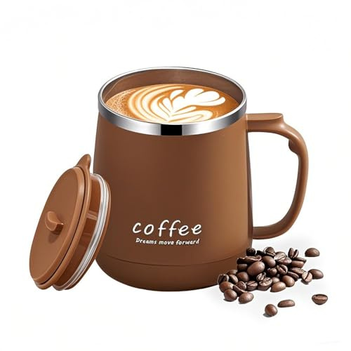 VPRO Kaffeebecher 350ml - Doppelwandiger Vakuum-Isolierbecher aus Edelstahl, Schwarz, mit Schiebedeckel und Griff, Khaki