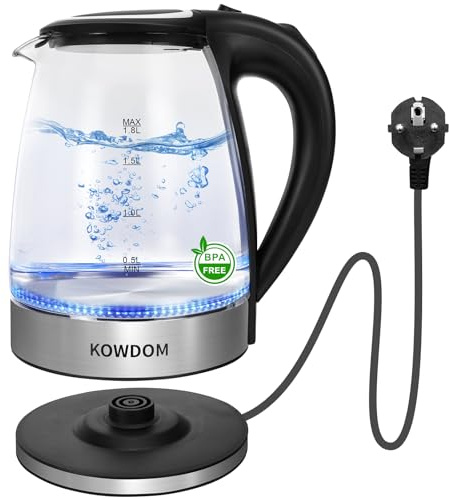 Kowdom Glas-Wasserkocher 1,8L aus Borosilikatglas & BPA-frei - 2200W mit Blitzaufheizung | Automatische Abschaltung + Trockenlaufschutz