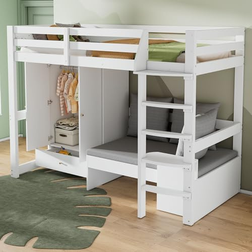 Gegtuon Kinderbett Bett 90x200 mit Kleiderschrank für Kinder, Hochbett mit Regal Stauraum & Schubladen, Holzbett mit Sofa & Leiter, Etagenbett mit Lattenrost und Rausfallschutz, ohne Matratze, Weiß