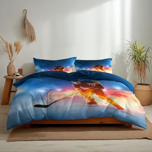 Fantasy Sport Giocatore Di Hockey Copripiumino Matrimoniale Reversibile, Blu Copripiumino Stampato con Chiusura a Cerniera per Biancheria da Letto Decorativa - 180 × 220 cm