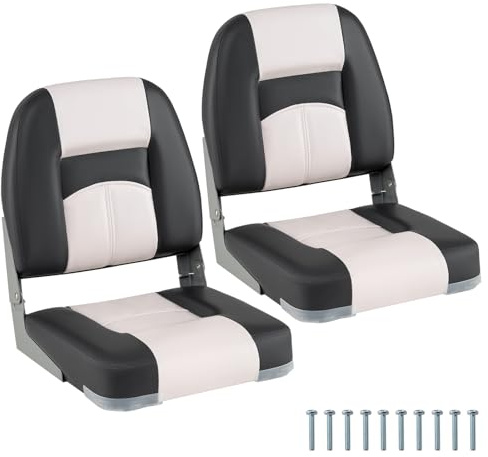 HOMASIS 2er Set Bootssitz klappbar, gepolsterter Bootsstuhl mit 7CM dickem Sitz, wasserdichter Steuerstuhl mit Rückenlehne & Metallrahmen, Steuersitz für Boote, bis 150 kg belastbar (Grau+Weiß)