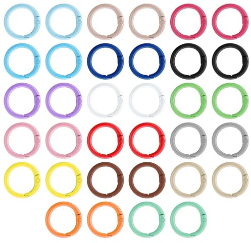 FNANJWQ 34 Stück 17 Farben Mini Schlüsselring Karabiner Runde Feder O-Ringe, Feder Schnappverschluss Schlüsselanhänger Haken Metall Karabiner Clips für Schlüsselanhänger Handtasche Geldbörse Hund