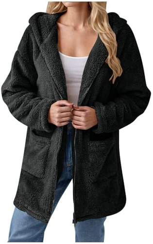 KOG Fleecejacke Damen Winterjacke Warmes Fleecemantel College Jacke Einfarbige Bekleidung Teenager Pullover Wintermantel übergangsjacken Motorrad Jacke Frau Parka Steppmantel Schwarz XXL