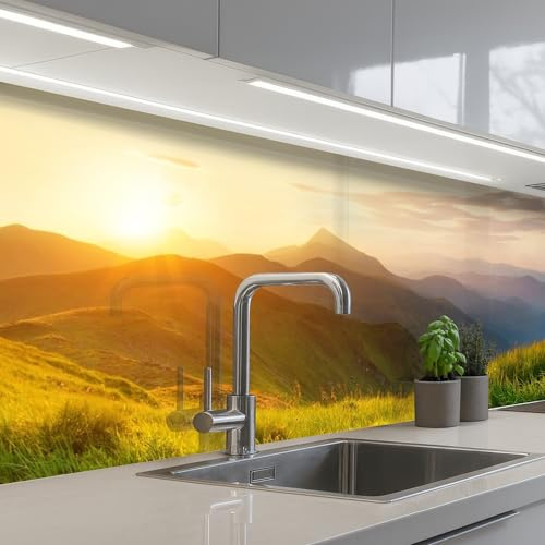 KitchenYeah© Küchenrückwand 60x250 cm Selbstklebende Kitchen Wall Protector Küchen Rückenwand Küchenfronten Küchenrückwände Küche Wand Gras - Hügel - Sonne - Natur - Landschaft