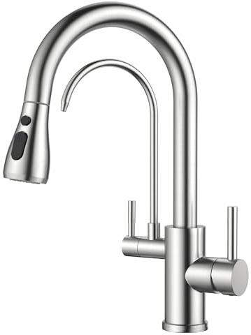 FORIOUS Kitchen Tap, 3 Way Kitchen Tap, 360° Swivel High Arc Dual Handle Water Filter Faucet with Pull Out Soray, Stainless Steel