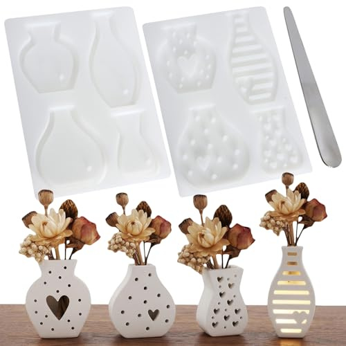Mini Stampi in Silicone per Vasi, 4 Tipi di Stampi con Cucchiaio per Mescolare, Stampi Mini Vaso Fai da Te per Gesso, Resina Epossidica & Gesso, Set Stampi Vaso Silicone DIY per Oggetti Decorativi