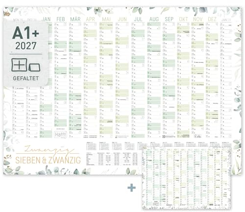 Häfft® XXL Wandkalender 2027 groß A1+ quer Blattgold | Ferien & Feiertage für DE, Jahreskalender (89 x 63 cm) gefalzt, Wandplaner für 15 Monate mit extra A4-Jahresübersicht
