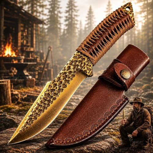 Swords and more Coltello da Caccia Forgiato a Mano Stile Celtico – Lama Dorata in Acciaio 7CR17MOV con Fodero in Pelle – Coltello a Lama Fissa Robusto ed Equilibrato
