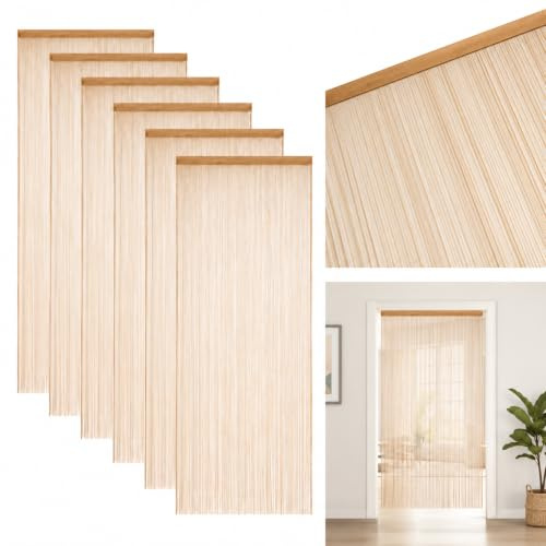 Kuchisity 6 Stück Fadenvorhang, 100 x 200 cm Türvorhang Champagner | Dekoration Perlenvorhang für Hochzeit, Wohnzimmer, Party