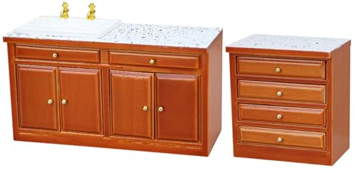 Mobili, Set di Mobili da Cucina per Casa delle Bambole, Armadietto in Miniatura in Scala 1/12 Stile Vintage con Lavello e Cassetto, Casa delle Bambole Funzionale Legno Marrone per Espositori Mi
