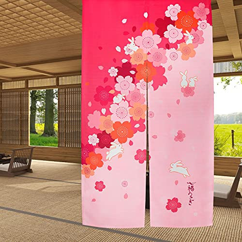LIGICKY Japanischer Stil Noren langer Türvorhang laufende Kaninchen Türvorhänge Fenster Tapisserie für Heimdekoration, 85,1 x 149,9 cm rosa