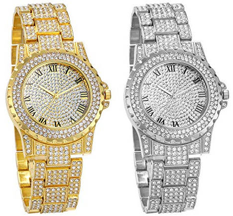 JewelryWe Men Women Watches Stylish Rhinestone Round Quartz Watch Gold Plated Stainless Steel Wristwatch for Fathers Day