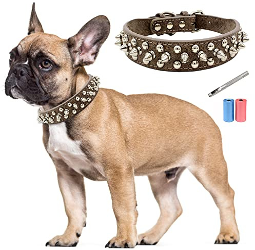 TVMALL Hundhalsband i läder anti-bett spikat dubbat hundhalsband justerbar individualitet boxer bulldog-halsband passar små och medelstora hundar – gratis hålslag i läder och soppåse (grå, M)