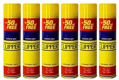 Clipper Butane Gas 6pcs Canister 300ml - Universal Refill for Lighters, BBQ, Cooking - Reliable & Safe Fuel Bottles Bulk