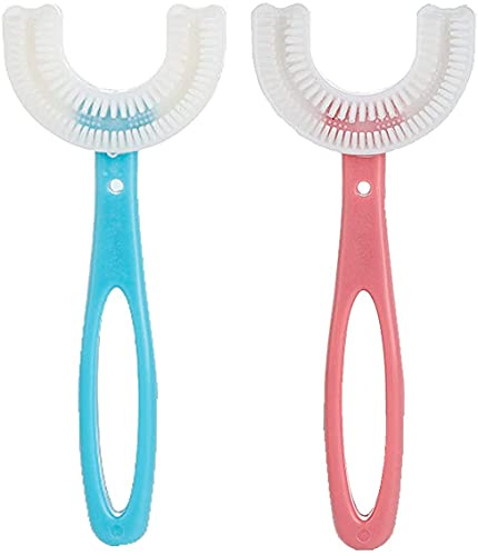 Kinder U-förmige Ganzmundzahnbürste, Silikonborsten Massage Zahnfleisch, Rundum-Reinigung, Kinder U Form Zahnbürste Oral Reinigung Zahnbürste für Kinder Kinder Kleinkind 2-14 Jahre Blau+Rosa B
