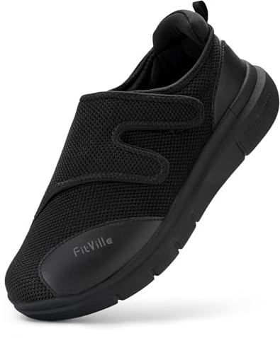 FitVille Diabetic Shoes for Men Extra Wide Width Orthopedic Slip-on Shoes Adjustable Closure Walking Sneakers with Arch Support Cushioning Therapeutic for Swollen Feet (14 X-Wide, Black)
