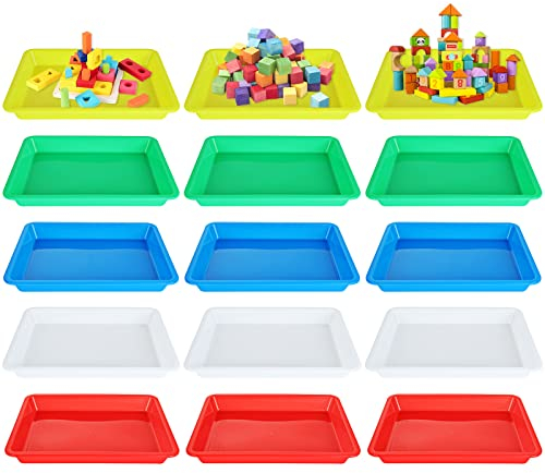 JMIATRY 15 Pcs Multicolor Plastic Art Trays, 28x21x3cm Anti-Slip Serving Tray, 5 Colors Play Trays, Plastic Art Activity Tray for Home School Art Crafts and DIY Projects