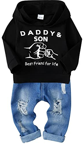 SOLOYEE Ensemble de Vêtements pour Bébés Garçons Manches Longues Lettre Capuche Sweat Top + Pantalon en Jean Déchiré 2 Pcs, 4-5 Ans, Noir