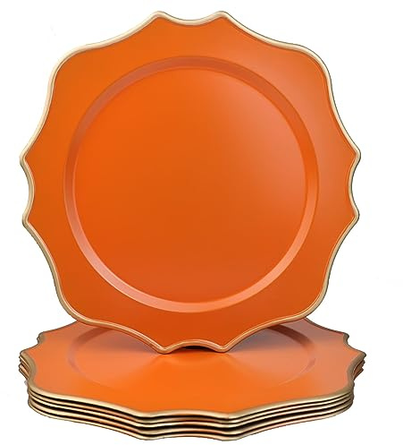 Omuriko Orange Chargers for Dinner Plates, 13 Inch Scalloped Plastic Decorative Table Charge Service Plates Set of 6 for Wedding, Holiday, Thanksgivng, Christmas