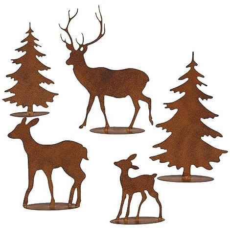 Storm's Gartenzaubereien Gartenstecker Deko Rehe und Hirsche mit 2 Tannen in Rostpotik zum Stellen- 5er Set - Weihnachtsdeko - Tischdeko zum Basteln 26cm