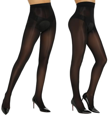 Yilanmy Oil Shiny Suspender Tights High Waist Crotch Open Pantyhose Gloss Sheer Silk Stockings for Women 2 Pairs(Black,L-XL)