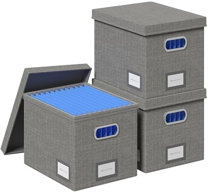 GRSQYS File Organizer Box - File Boxes for Hanging Files with Lid Set of 3 Decorative Hanging Folders Organizer with One-Piece Plastic Frame Slides (Grey, 13.2 * 10.1 * 10.1in(3Pack))
