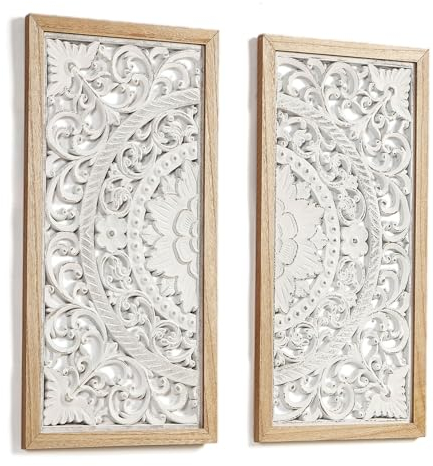 JUJOYBD Holz Ornament Wandbild 57x57cm, Shabby Weiß, Bohostyle Wanddeko für Wohnzimmer – Hängend oder Stehend