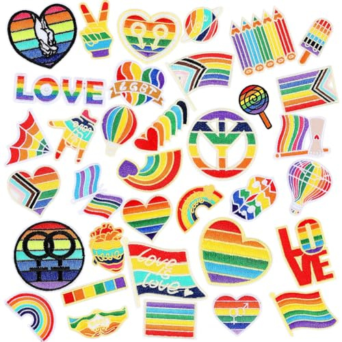 AUGSUN Pride Aufnäher, 36 Stück LGBT Patches zum Aufbügeln Regenbogen Flicken zum Aufbügeln Pride Herz Flagge Bügelbilder für Kleidung Rucksäcke Hüte Dekorationen