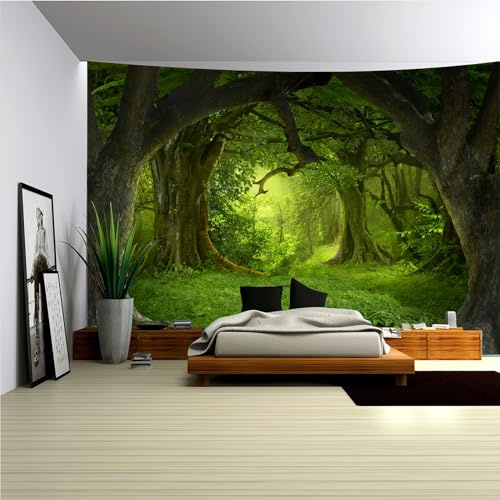 Arsey Wandteppich Wald Wandtuch Baum Wand Teppich Tapisserie Nebel Wandbehang Gras Natur Landschaft Wandteppiche Wandtuch Boho Deko Schlafzimmer, Grün, Groß 230x180cm