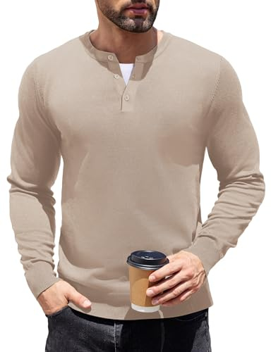 COOFANDY Henley tröja finstickad långärmad ledig stickad tröja knappslå affärströja herr tröja med knappar, Ljus kaki, S