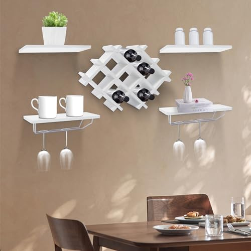 Weinregal 5-teiliges Set Weinschrank Hängeregal Wandmontage Gläser Hängende Flasche Holz Weinaufbewahrung Präsentationsregal für Bar Küche Wohnzimmer (Weiß)
