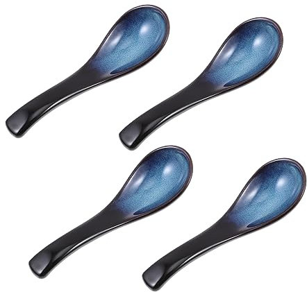 OKUMEYR Japanese-Style Ceramic Soup and Dessert Spoons Set 4pcs Blue, Household Porcelain Ramen and Porridge Spoons for Dining and Serving