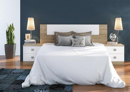 Meyvaser, Conjunto Pack Cabecero y 2 Mesitas de Noche, Incluye Herrajes para Colgar, Color Cambrian y Blanco, Dormitorio Doble de Matrimonio o Juvenil, Medidas:160x45x1,6 cm (LargoxAltoxProfundo)