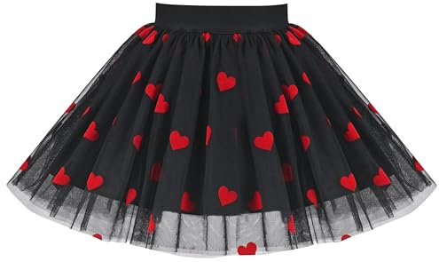 Girls Skirt Black Valentine Day Love Heart Mini Mesh Tutu Dance Size 9-10