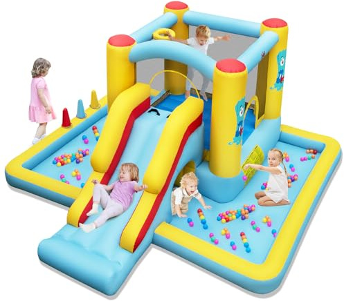 COSTWAY Kids Bouncy Castle, Inflatable Bounce House with Slide, Jumping Area, Basketball Hoop, Ball Pit, Ring-toss Game, Children Blow Up Jumper for Indoor Outdoor