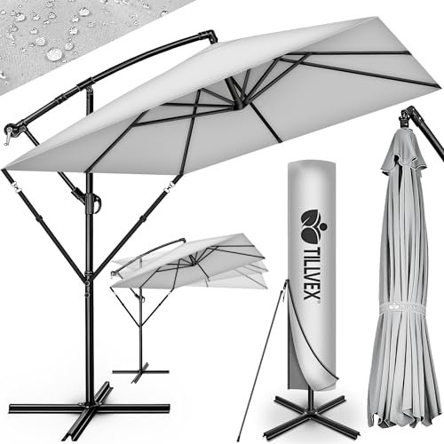 tillvex® Sombrilla de Jardín Rectangular Ø 330 cm con Manivela + Funda con Manivela | Sombrilla con soporte & Protección Viento | Parasol mercado impermeable + Protección UV (Gris - sin LED)